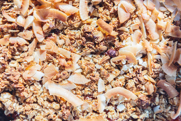 Home cooked Rhubarb and Strawberry crumble from oatmeal and nuts topping and with vanilla ice cream scoops