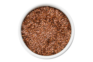 Bowl of whole flax seeds. Mortar of linseeds isolated on white, top view.