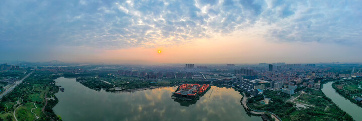 Aerial photo of sunrise scenery of Huayang Lake Wetland Park in Dongguan, China