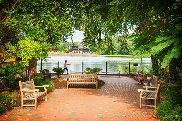 NEW HOPE, PENNSYLVANIA, USA - AUGUST 15, 2019: City park at summer time in New Hope.