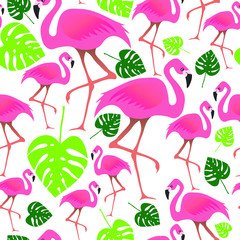 Tropical seamless pattern with pink flamingo and green monstera leaves. Vector summer design background. Perfect for greeting cards, posters, textile and seasonal design. EPS 10