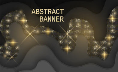 Black background textured with cutout paper layers and golden glittering halftone pattern, Abstract realistic wavy layers and golden glitters. 3d topography relief. Vector eps 10 format