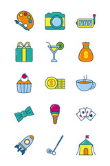 paint palette and gambling icon set, line and fill style