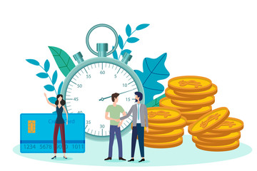 Businessmen entering into a business agreement on the background of watches, coins and credit cards.The concept of the relationship between time business and Finance.Vector illustration.