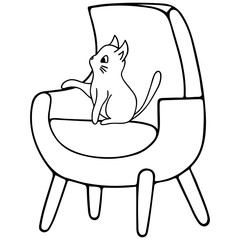 A kitten is sitting on an armchair. A pet. The element of the interior. Vector illustration in doodle style. Contour on an isolated white background. Sketch. Furniture for home and office. Cat. 