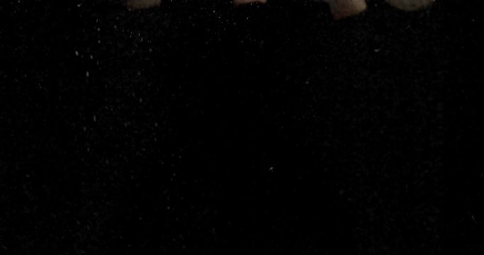 Mushrooms fall under the water with air bubbles.