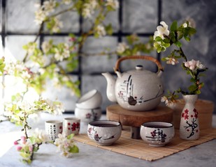 Chinese tea with fresh cherry blossoms. Japanese tea ceremony.  Traditional chinese tea ceremony. Teapot and cups on  table. Asia style stil life.