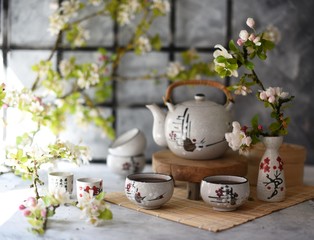 Chinese tea with fresh cherry blossoms. Japanese tea ceremony.  Traditional chinese tea ceremony. Teapot and cups on  table. Asia style stil life.