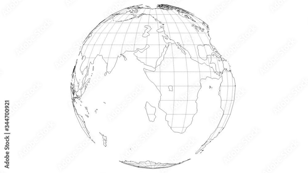 Wall mural wire-frame earth map rotating slow in seamless loop with white isolated background