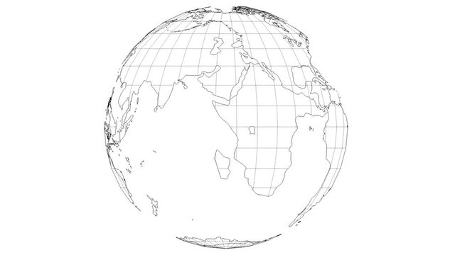 wire-frame earth map rotating slow in seamless loop with white isolated background