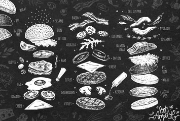 Burger menu. Vintage template with hand drawn chalk sketches of a hamburger and its ingredients. Engraving style icons - bun, cucumbers, eggs, salad, tomatoes and cheese.