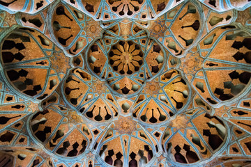 Coper work on a ceiling in the Shah palace  located in Naghsh-e Jahan Square in Isfahan Iran