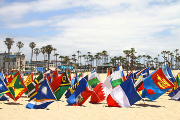 Countries Worldwide Flags on Beach, France Flag Palm Trees