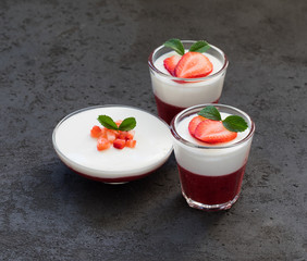 Dessert Panna cotta vanilla with strawberries in a glass on a dark background
