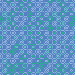 Purple and green spots on a blue background seamless vector pattern. Simple unisex surface print design. For backgrounds, textures, stationery, fabrics, and packaging.