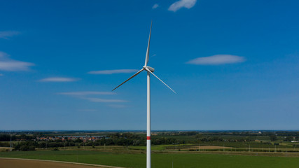 Aerial view of a wind turbine in Berloz, Belgium