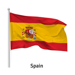 Fototapeta premium Flag of the Kingdom of Spain in the wind on flagpole, isolated on white background, vector