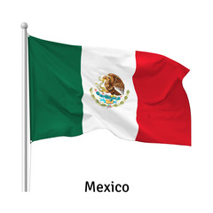 Flag of the United Mexican States in the wind on flagpole, isolated on white background, vector