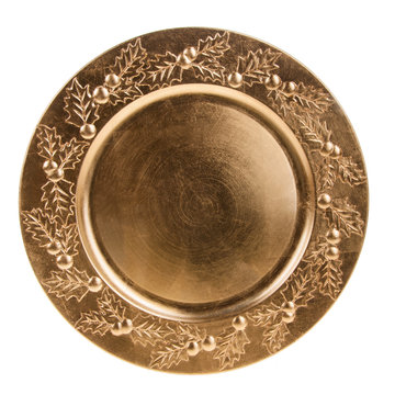 The luxurious gold plate is decorated with ornaments.The view from the top.