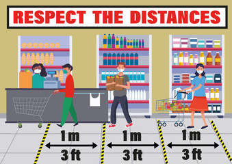 card or banner on "respect the safety distances between people wearing a mask of 1 meter or 3 feet" to avoid contamination, in a store at a checkout