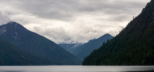Mountain landscape in fraser valley at Chilliwack lake overcast sunny day.