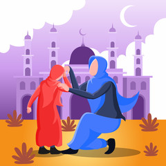 Flat Vector Illustration Representing A Muslim Mother Shaking Hands with Her Daughter for Forgiveness on Feast Day Mubarak