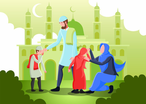 Flat Vector Illustration Representing A Muslim Parents Shaking Hands with Their Children for Forgiveness on Feast Day Mubarak
