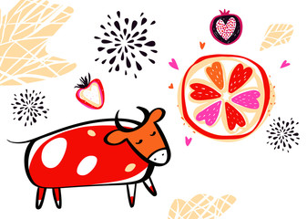 Dance kid style cartoon cow on on white background. Sketch cute cow with berry and fruit. Symbol of year 2021 lunar chinese horoscope