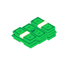 Isometric money heap. Vector illustration of stack of green banknotes