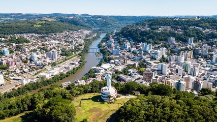 Joaçaba - SC. Aerial view of Joaçaba city and Frei Bruno monument - Santa Catarina - Brazil
