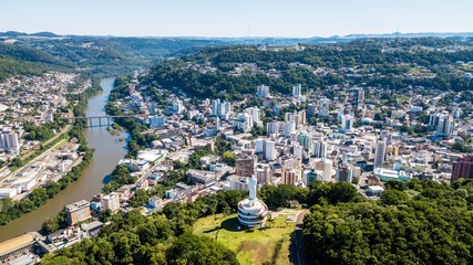 Joaçaba - SC. Aerial view of Joaçaba city and Frei Bruno monument - Santa Catarina - Brazil