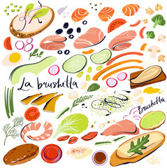 Bruschetta. Homemade eco food recipe. World italian cuisine. Set sketch image ingredient for La brushetta.