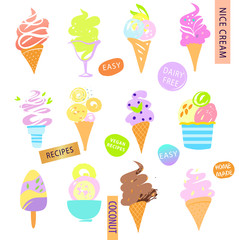 Homemade ICE CREAM. Fruit sweet cold frozen dessert. Set sketch vintage style design element.