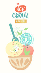 ICE CREAM. Freehand drawn template poster, banner with soft color. Design flyer for menu cafe, store, shop, market. Sketch vintage style. Fruit ice cream sweet cold frozen dessert