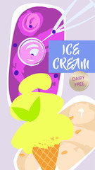 ICE CREAM. Vegan dairy free dessert. Freehand drawn Trend template poster, banner with soft color. Vegetarian sweet diet.