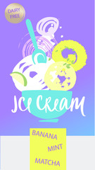 ICE CREAM. Vegan dairy free dessert. Freehand drawn Trend template poster, banner with soft color. Vegetarian sweet diet.