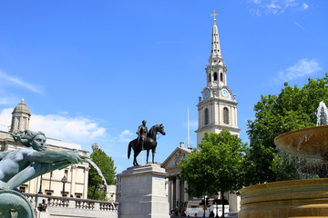 A beautiful sunny day in Trafalgar Square found in London, UK