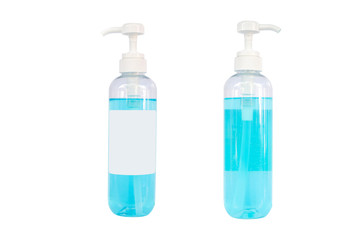 Bottle of instant antiseptic hand sanitizer transparent gel isolated on white background