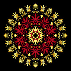 Traditional vintage gold and red circle Greek ornament and floral pattern on black background