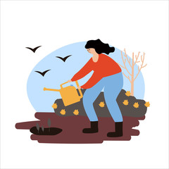 A young smiling girl is watering the plants. A woman is watering a planted plant. Spring chores in the garden. Care of the garden. Vector illustration in style flat cartoon.