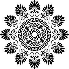 Traditional vintage black and white circle Greek ornament and floral pattern
