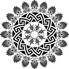 Traditional vintage black and white circle Greek ornament and floral pattern