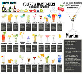 Design Your Own Mixed Drink - Original Illustrations and Recipes for Traditional Drinks -Make your own recipes or use this poster of 31 mixed drinks -Highly realistic glasses & ingredients - obrazy, fototapety, plakaty