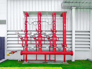 Fire hose system. Construction work.Fire extinguishing system.