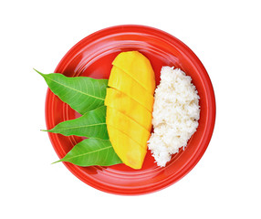 Mango Sticky Rice in red plate on white background