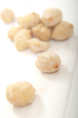 Candlenut on a wooden background (Aleurites moluccanus)