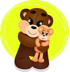 Cute brown Teddy bear holding a little bear. Cartoon character. Funny kids toy.