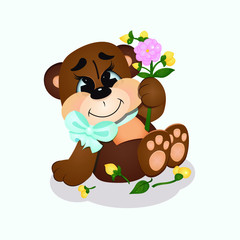 Cute brown Teddy bear wearing a silk blue scarf with bow and holding a pink flower. Cartoon character. Funny kids toy.