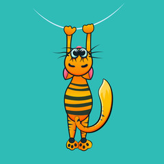 Cute red tabby cat hung on a clothesline. Cartoon character. Funny kids toy.