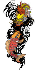 Golden East Asian dragon with water waves and Japanese koi carp fish swimming up. Tattoo. Vector illustration